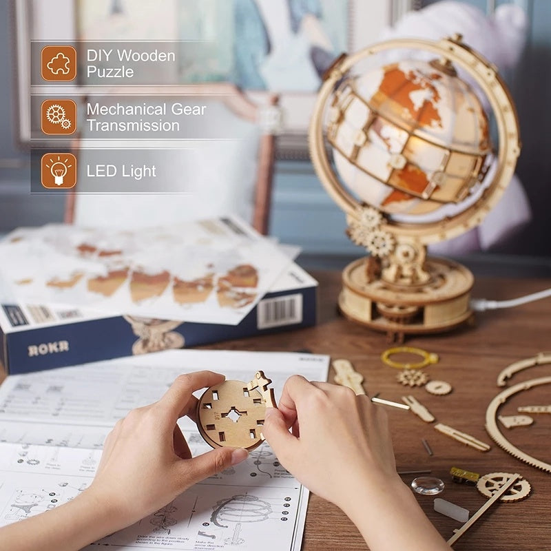 ROKR Luminous Globe - 3D Wooden Puzzle, DIY Mechanical Model